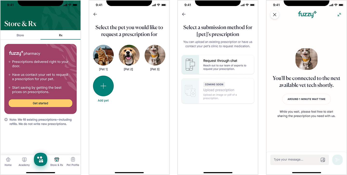 Fuzzy Pharmacy prescription chat screens
