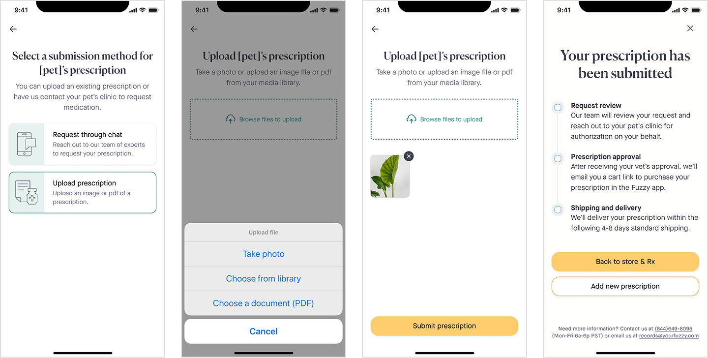 Fuzzy Pharmacy upload prescription screens