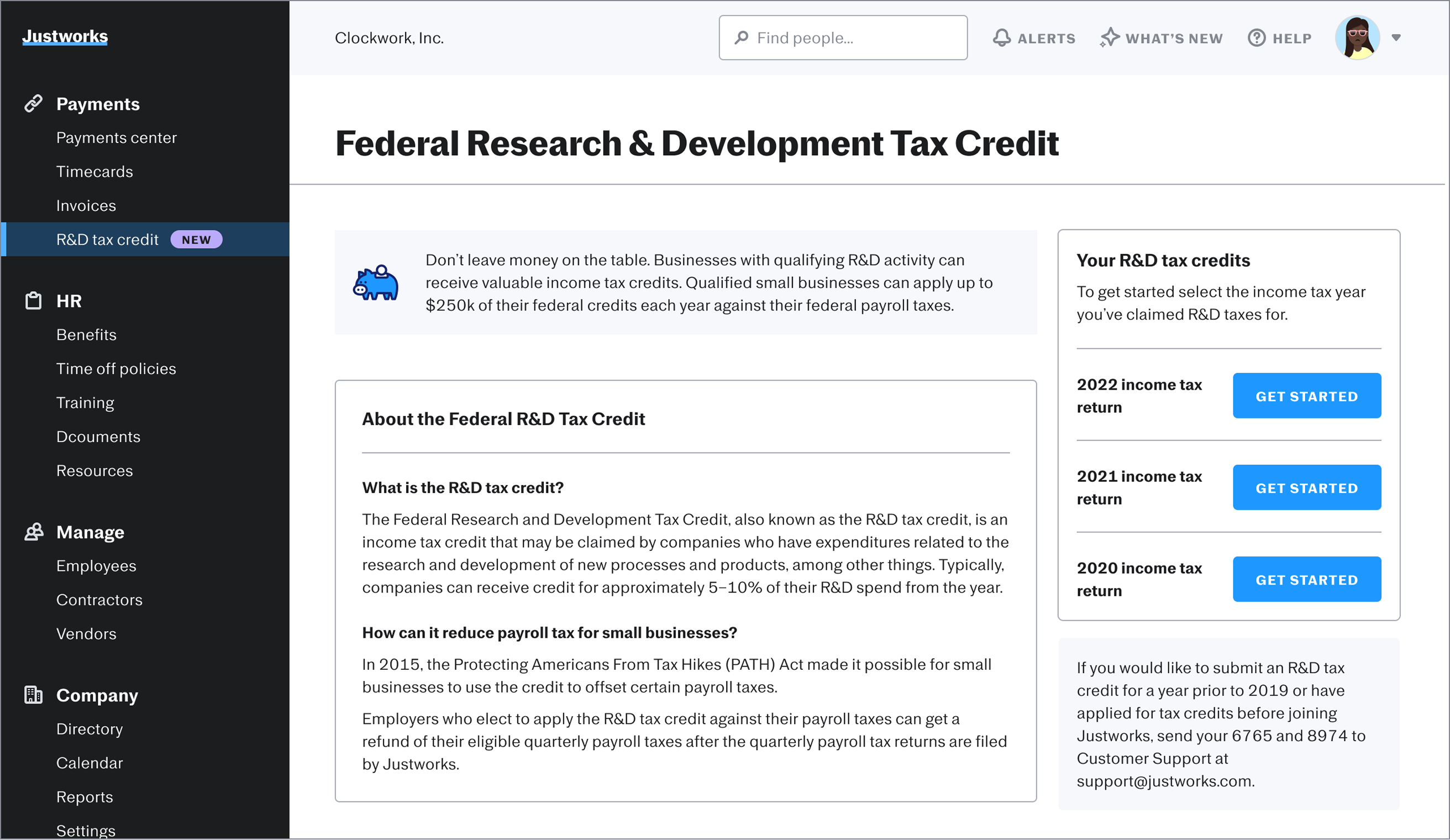 Justworks R&D Tax Credits project preview