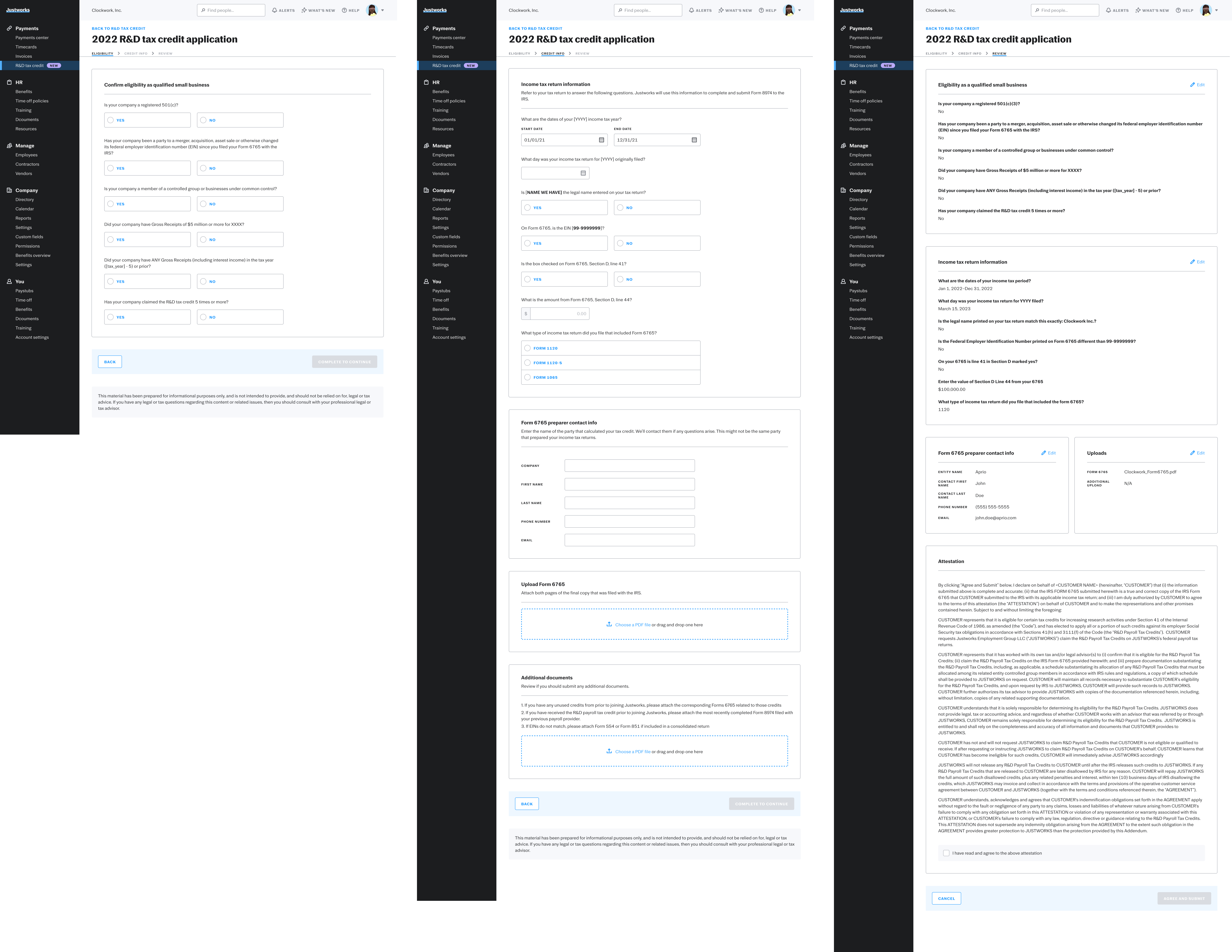 Justworks R&D Tax Credits submission flow