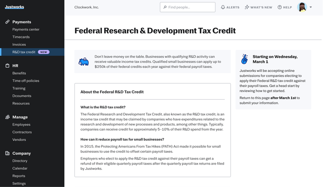 Justworks R&D Tax Credits project preview