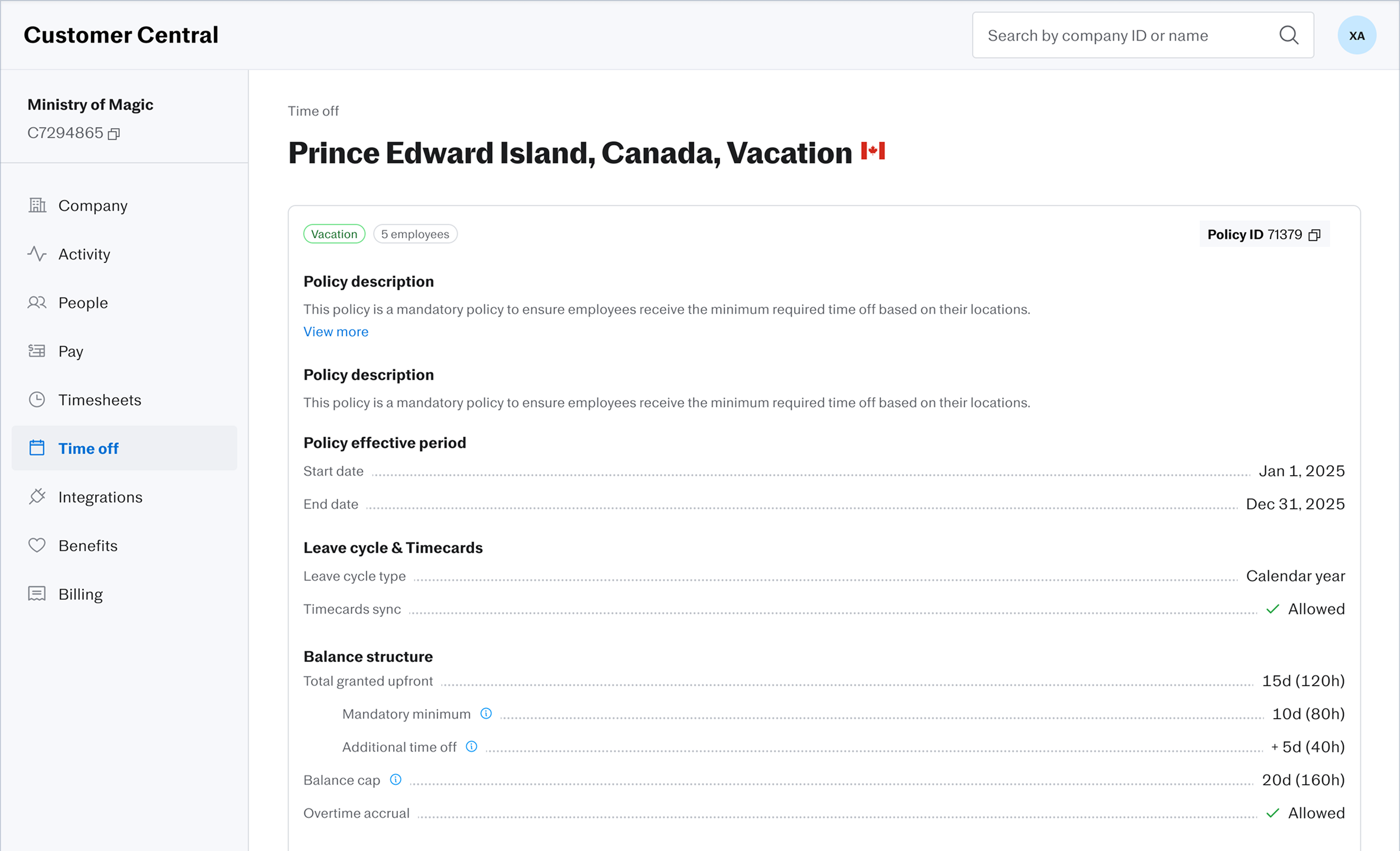 Customer Central policy details expanded