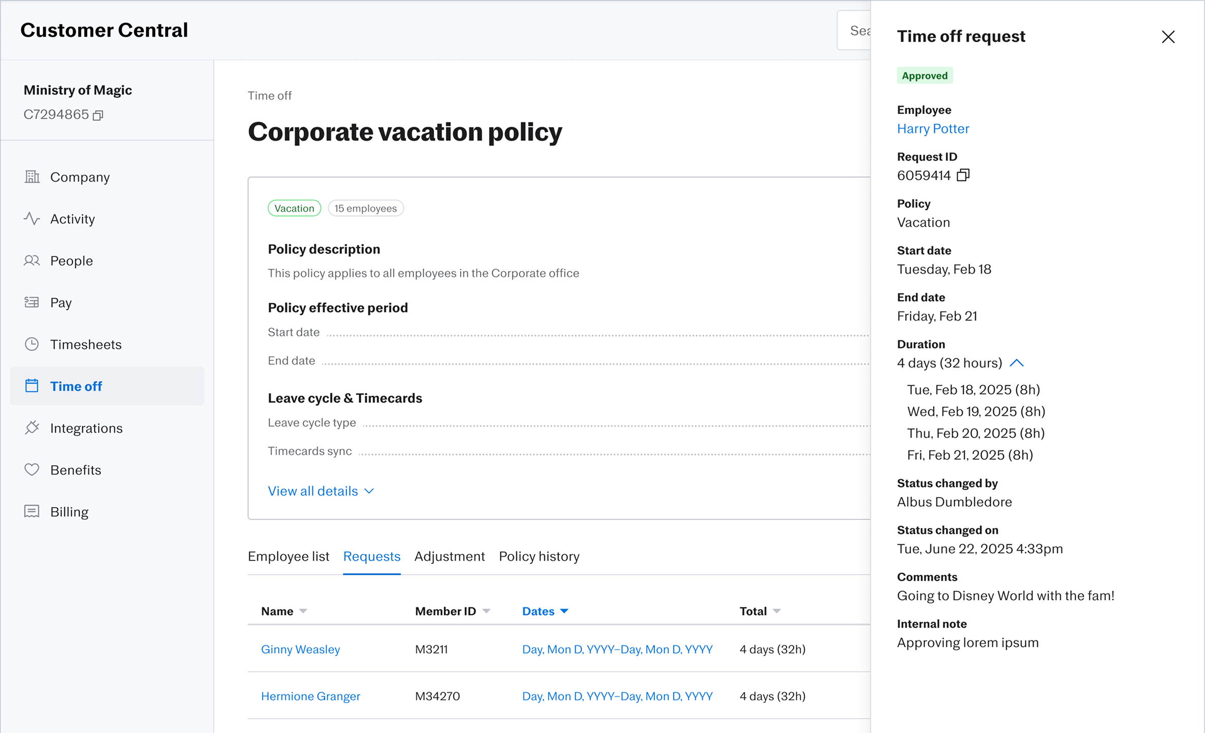 Customer Central policy request details