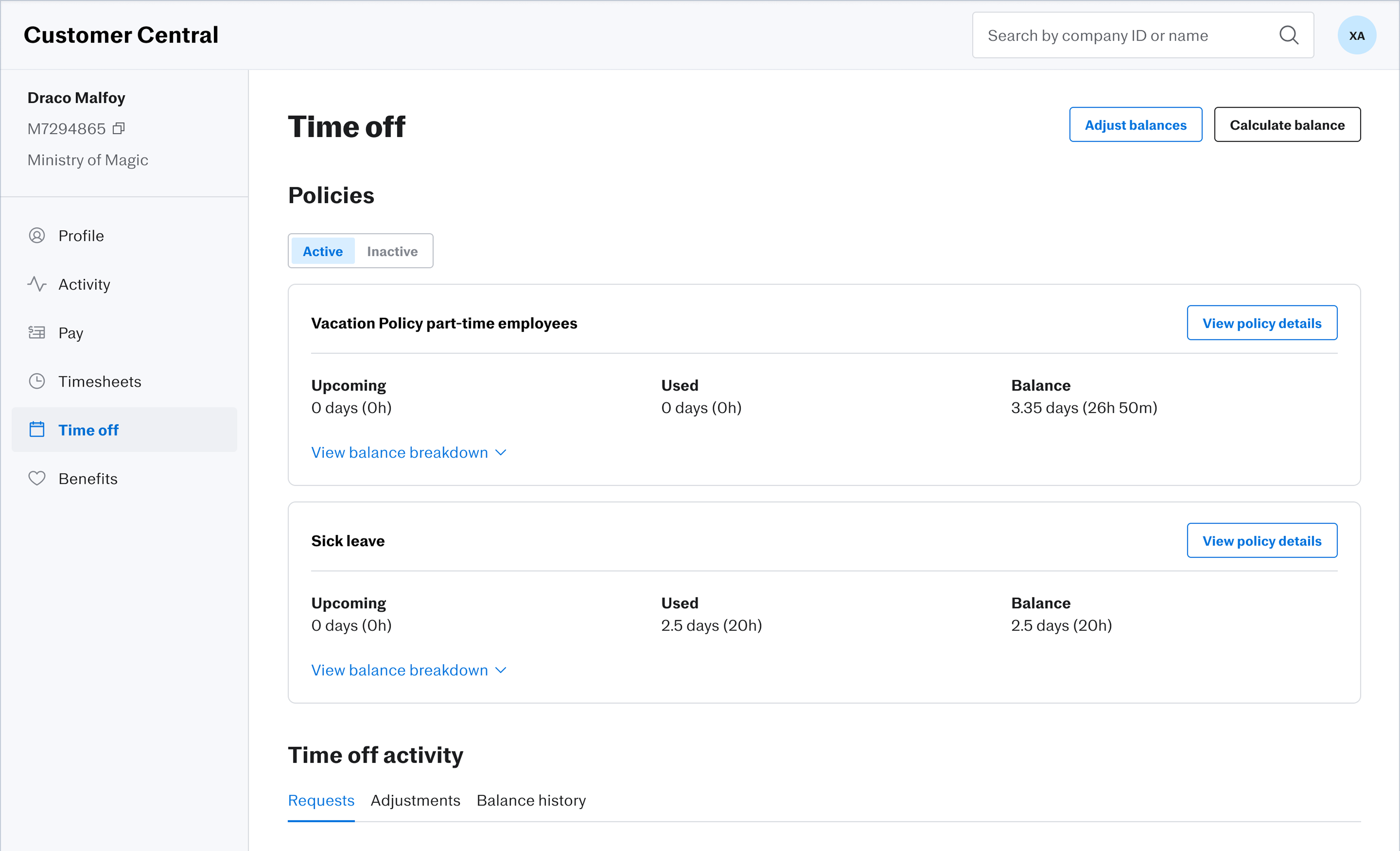Customer Central time off member view