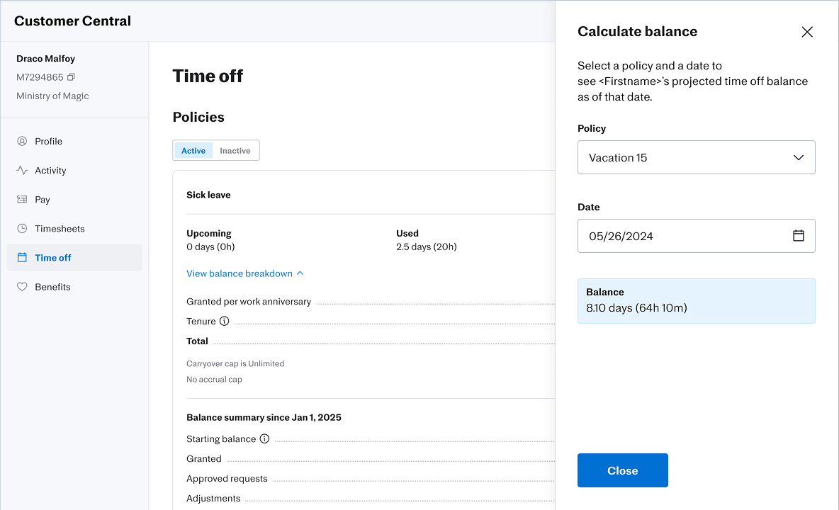 Customer Central time off calculate balance tool