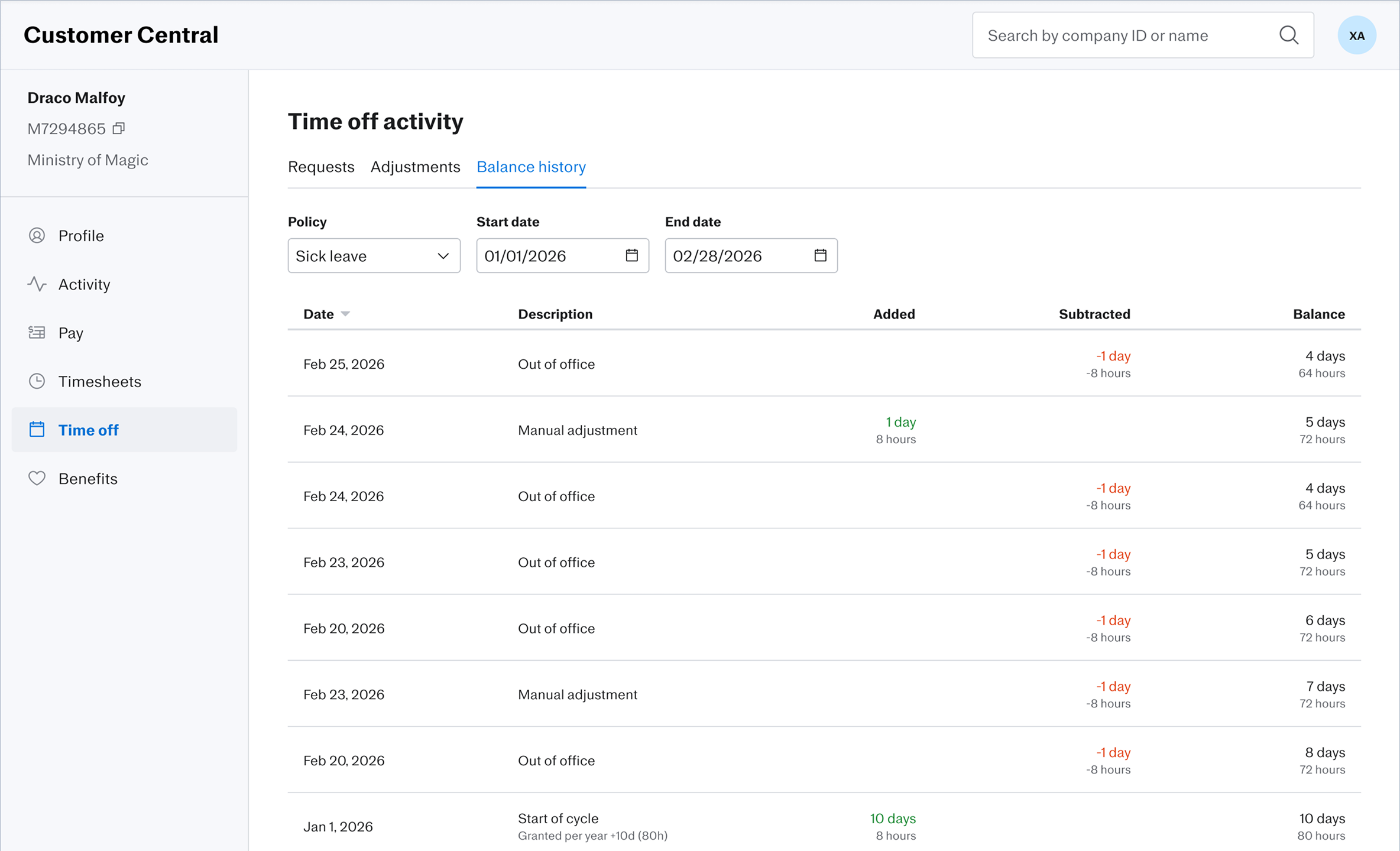 Customer Central time off audit information