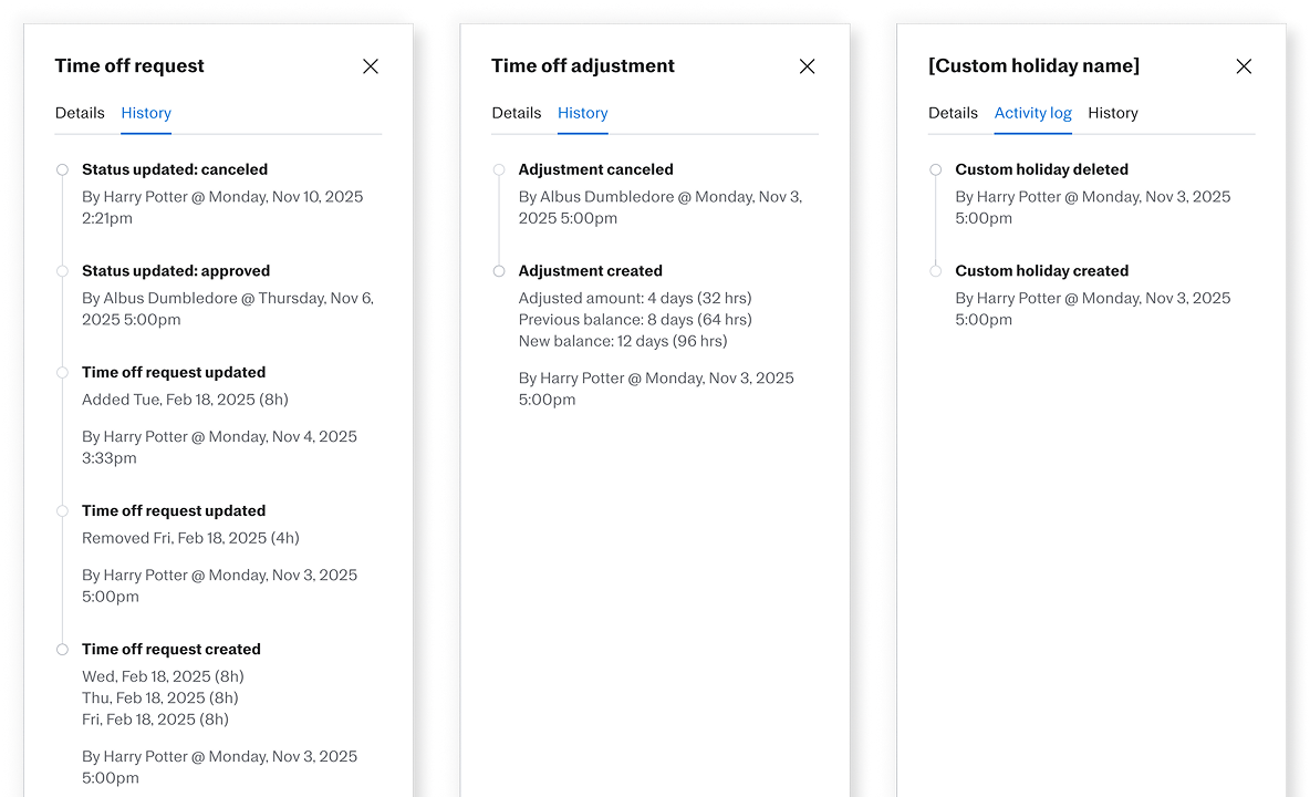 Customer Central time off audit logs