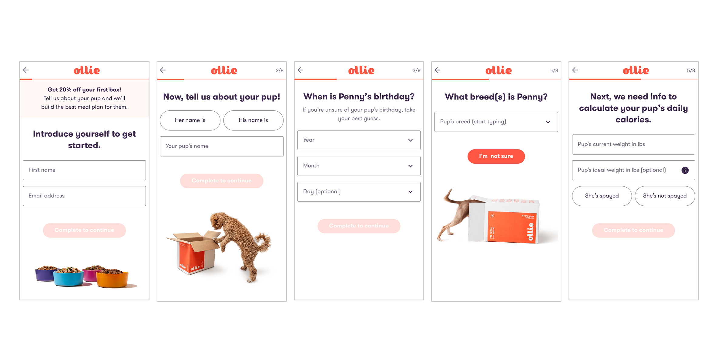 Ollie onboarding funnel screens