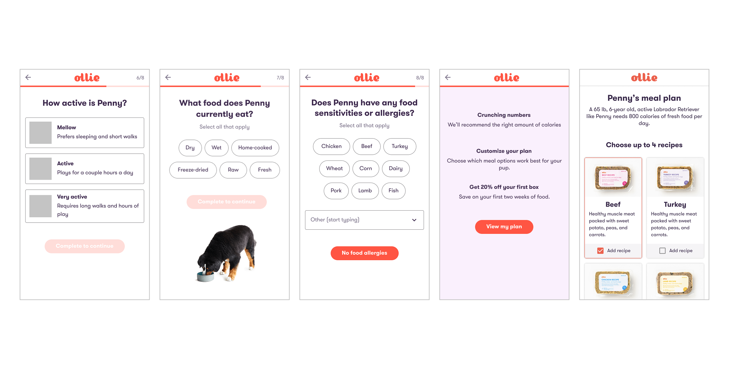 Ollie onboarding intro and puppy name screens
