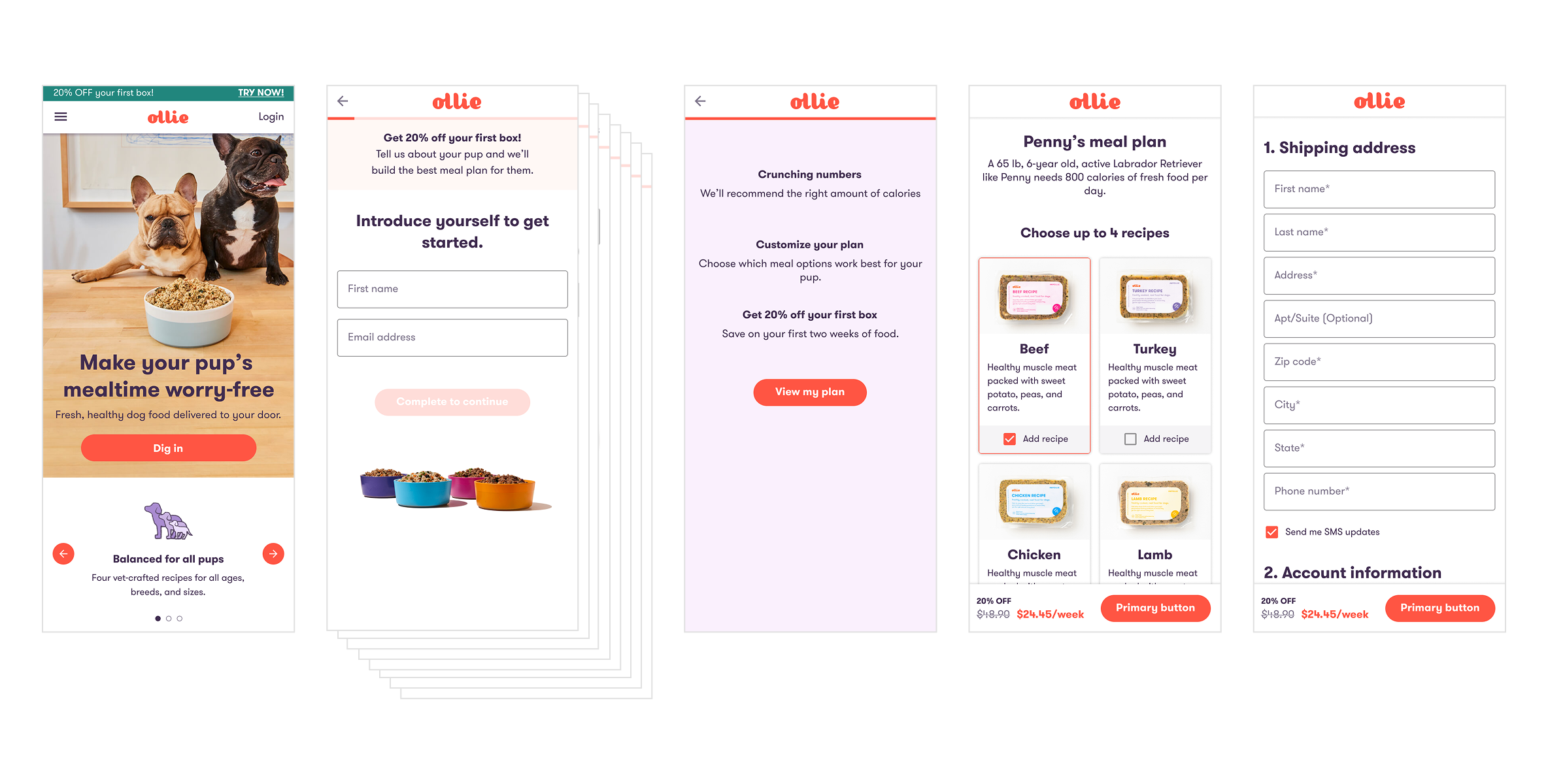 Ollie mobile onboarding funnel overview from landing page to plan selection