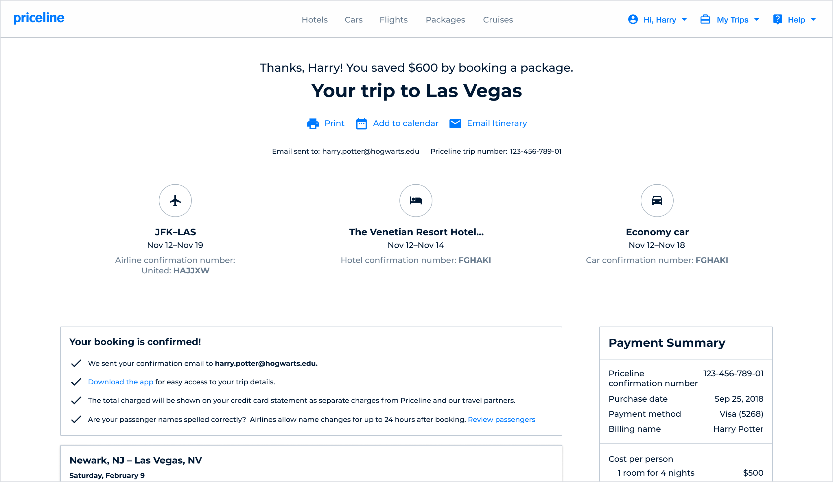 Priceline post-booking trip itinerary design