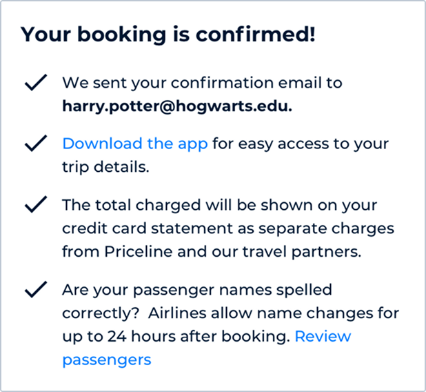 Dynamic content shortly after booking confirming the trip and prompting passengers to review details
