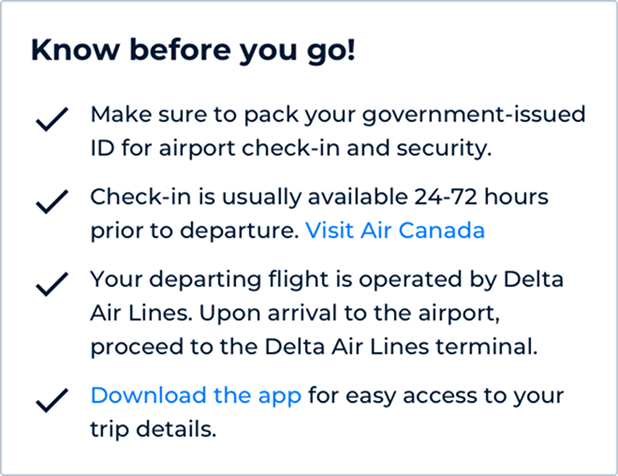 Dynamic content before travel with check-in guidance and know-before-you-go tips