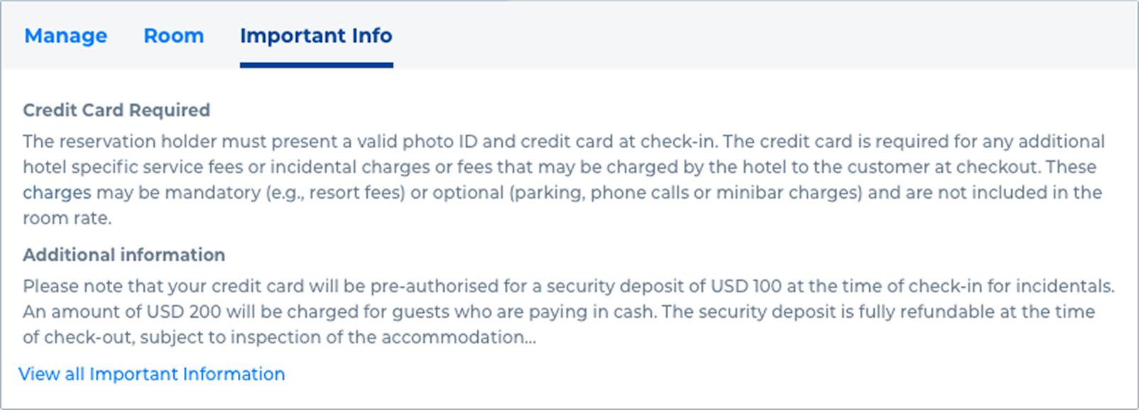 Product card Important Info tab with check-in requirements and additional hotel information