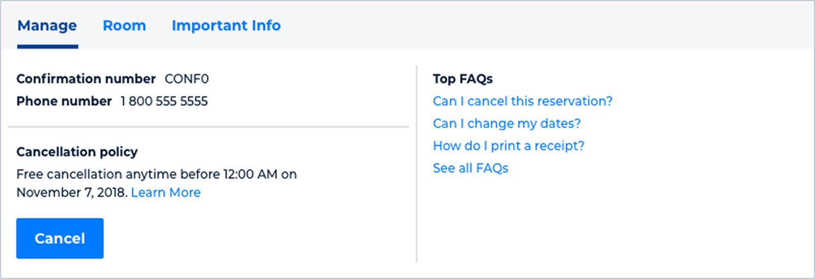 Product card Manage tab with confirmation details, cancellation policy, and top FAQs