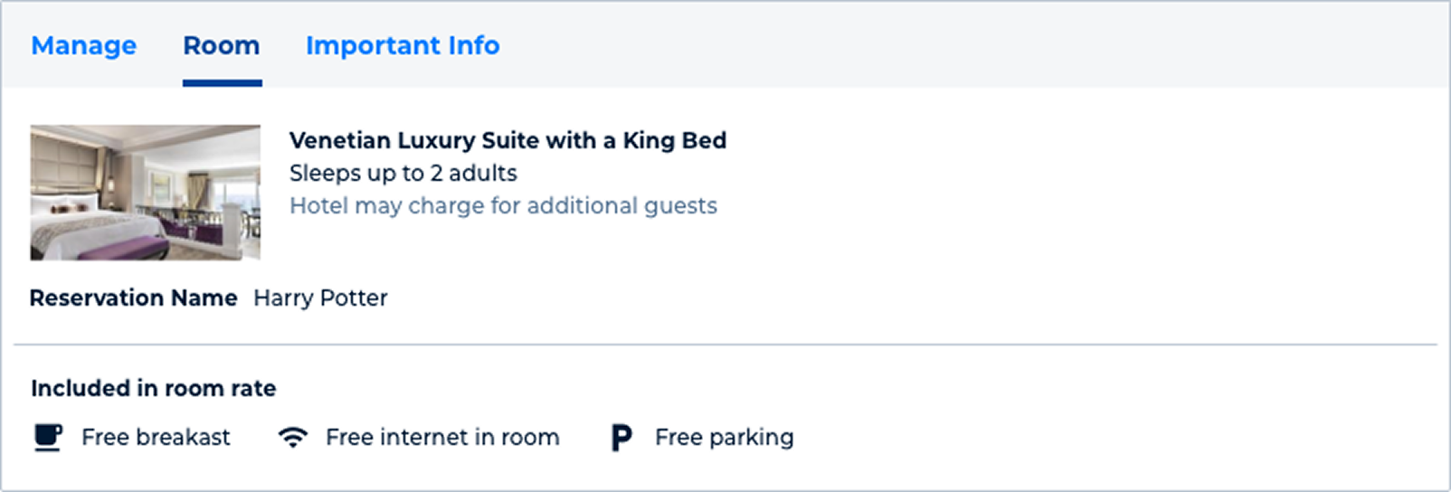 Product card Room tab with room details and included amenities